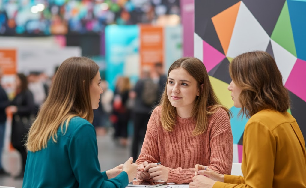 Deux recruteuses échangeant avec une candidate alternante en situation de handicap (invisible). Elles manifestent une attitude de confiance et d'intérêt.