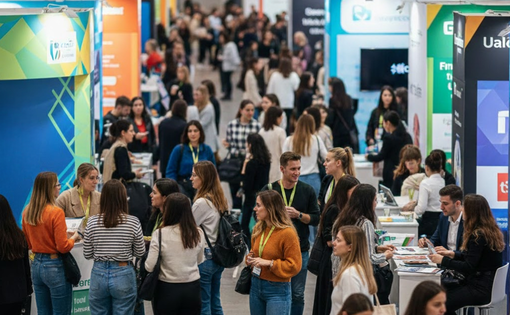 Salon de l'emploi, vue du dessus de la foule d'étudiants navigant entre les stands. Parmi eux, des profils bac+3/5 en situation de handicap !