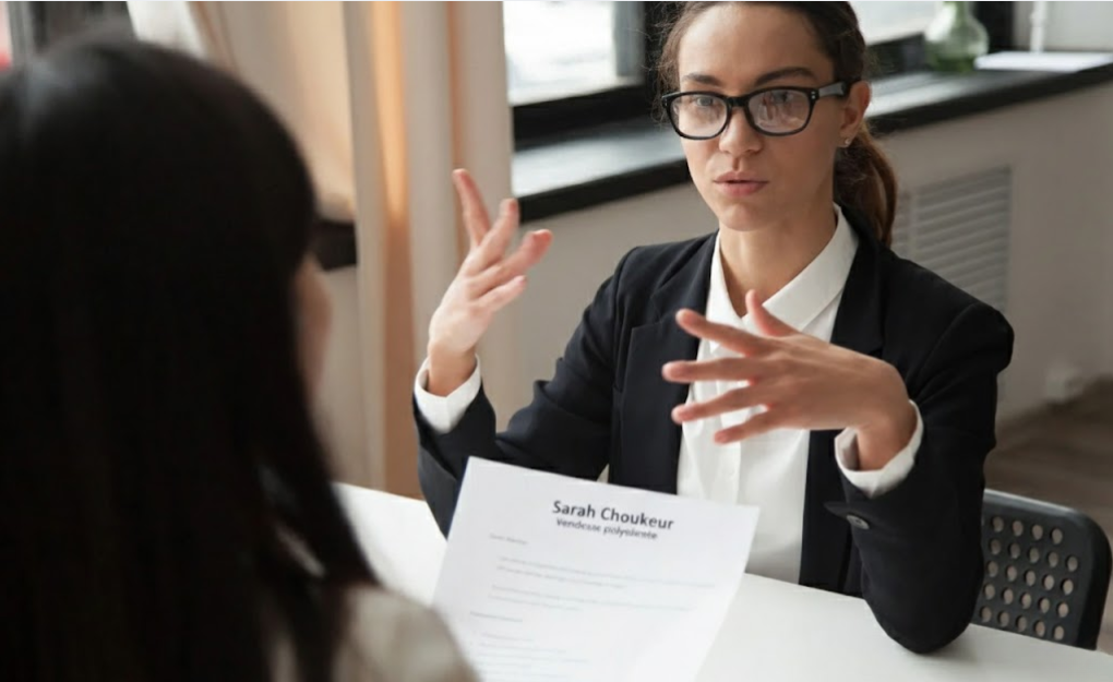 Entretien de recrutement, on voit la candidate en situation de handicap invisible présenter son profil en faisant des gestes de la main.