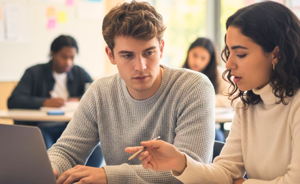 Deux étudiants en master discutant autour d'un projet dans la classe de leur université.