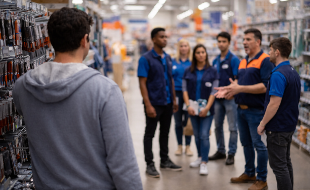 Client au premier plan, qui observe un manager en train de former 5 candidats en sitaution de handicap sur le terrain, directement dans les rayons d'un magasin de bricolage
