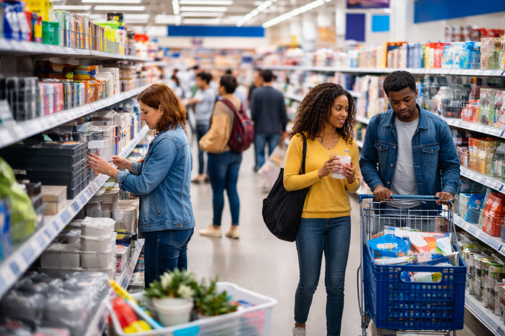 Clients se croisant dans les rayons d'un grand hypermarché
